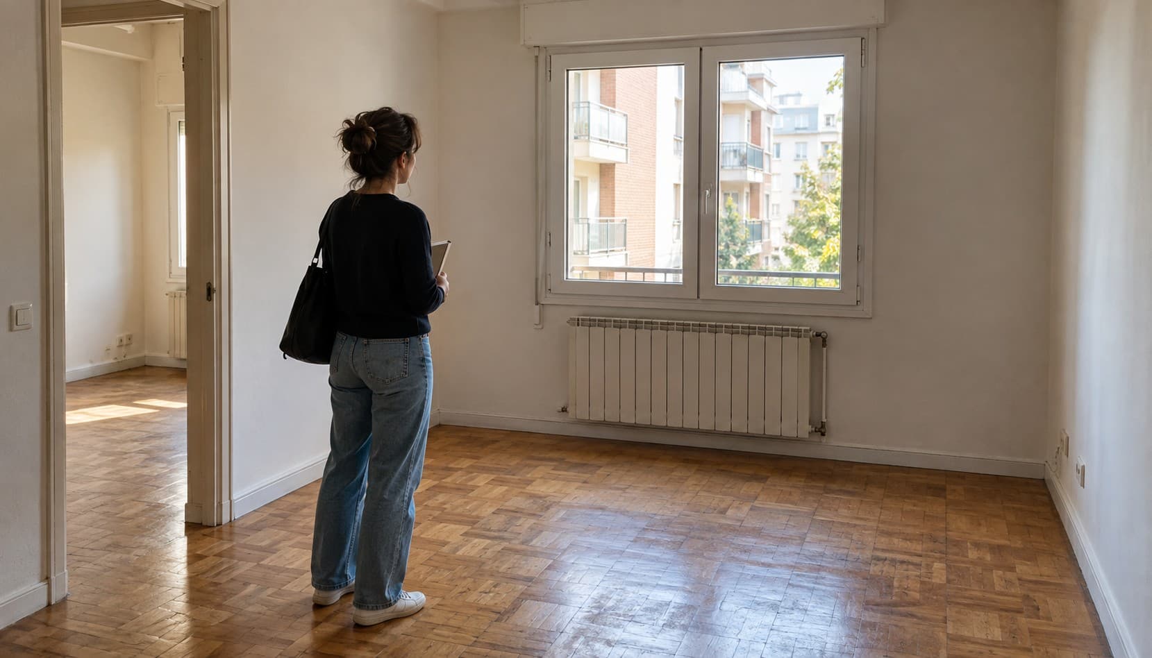 Una mujer observa la ventana de un piso vacío durante una visita. Escena ilustrativa generada con IA.