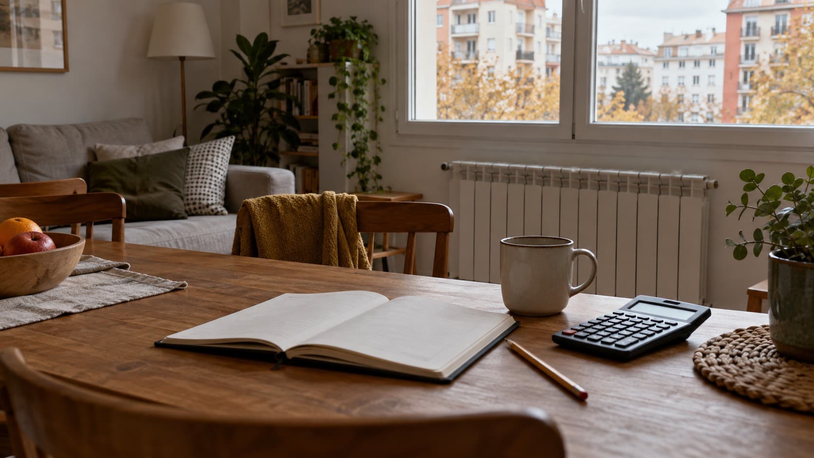 Cuaderno y calculadora sobre una mesa junto a la ventana y el radiador de un salón.